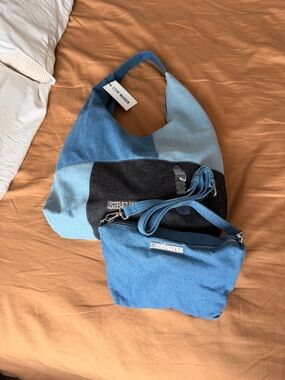 Steve Madden Light & Dark Blue Patchwork Shoulder Bag with Pouch